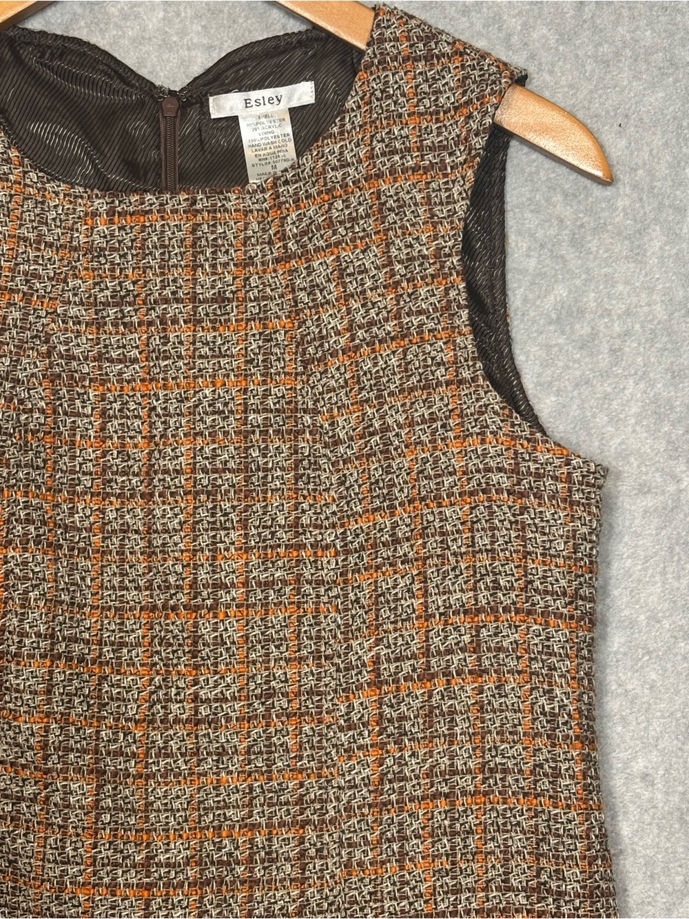 Elsey Vintage Checked Tweed Sleeveless Mini Shift Dress-Brown/Orange-Medium